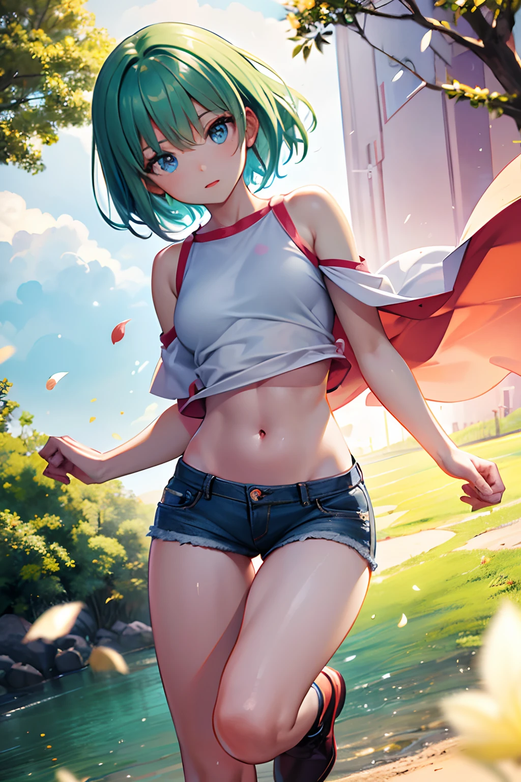 colorful auspicious clouds, sakura, leaf, tree, waterfall, acorn, soil, blurry_foreground, 1girl, day, painting, depth_of_field, blurry, (best quality), ((masterpiece)), cute anime girl, green hair, short hair, red t-shirt, cutout above navel, blue denim shorts, black boots, forest, c(lean detailed faces), analogous colors, beautiful gradient, clean image, high quality, high detail, high definition, cute face, 4k resolution, full body, ultra sharp focus, extremely detailed eyes, blue eyes, detailed symmetric realistic face, extremely detailed natural texture, perfectly centered medium, nikon d850 film stock photograph, kodak portra 400 camera f1.6 lens, extremely detailed, amazing, fine detail, rich colors, one body, fully clothed, face, head in frame, body in frame, good proportions