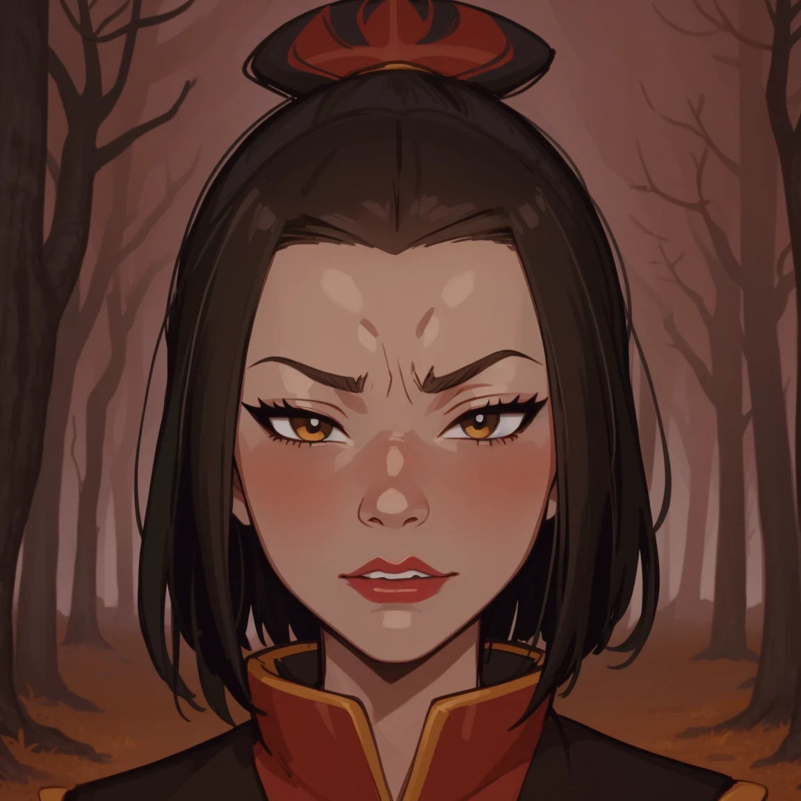 Azula, goth girl, autumn forest background, detailed, detailed, detailed, beautiful, detail, goth girl, masterpiece, red clothes, dark night background, gothic, goth, goth, detailed, goth girl, piercings, detailed face, looking viewer, Azula, (Dark eye shadow) dark eye shadow, black eye shadow,