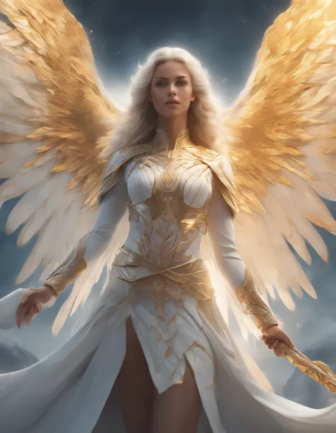 Compose a poignant ultra-realistic 8k image portraying the transcendent beauty of a fiercely confident woman. Illuminate her features with warm, golden light, accentuating her strength and grace. Enrich the scene with big, luminous white angel wings, a rad...