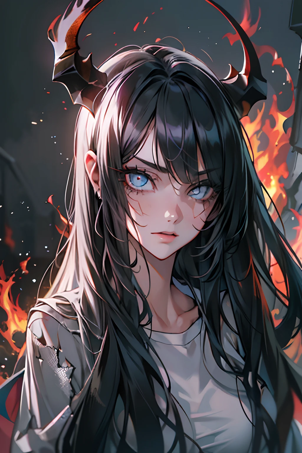 Anime girl with horns and horns on her head in front of fire - SeaArt AI