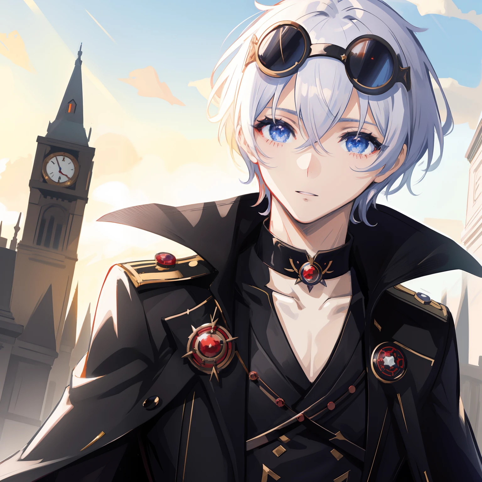 Anime character with red eyes and a black coat and a clock tower, Best Anime 4K Konachan Wallpaper, anime key art, anime male character, Elegant Dream Demon, Tall anime boy with blue eyes, with glowing red eyes, Detailed anime character art, Detailed key anime art, with glowing red eyes, Young anime man, Lord Vampire, Crown Prince of Black Gears