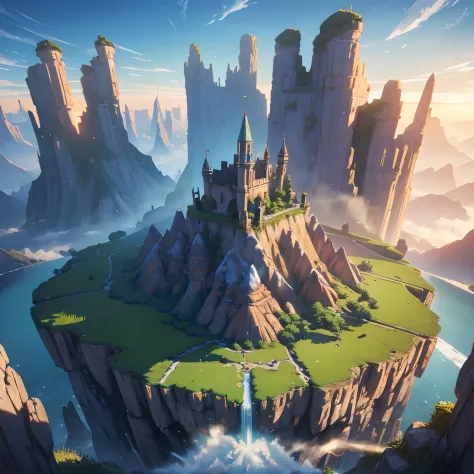 wide focus from above, finest image, (8k, RAW photo, realistic), detailed and delicate depiction and flashy and dynamic painting method, legend of Zelda landscape painting, fantasy, beautiful