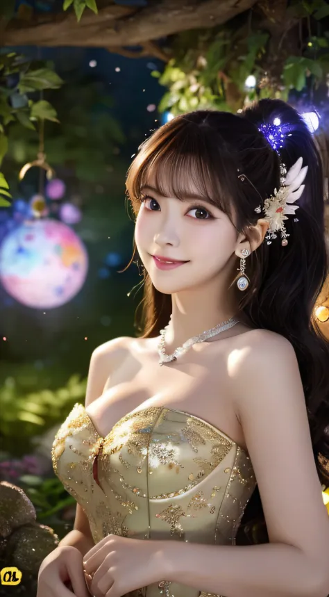 1girl in, ,,Symper Smile, high-definition picture, femele, Her hair was decorated with glowing fireflies, Seductive and glowing eyes. Wearing a sexy gown in the moonlight, She is a tree々Stand in a mysterious forest that comes to life. The scene, Bask in th...