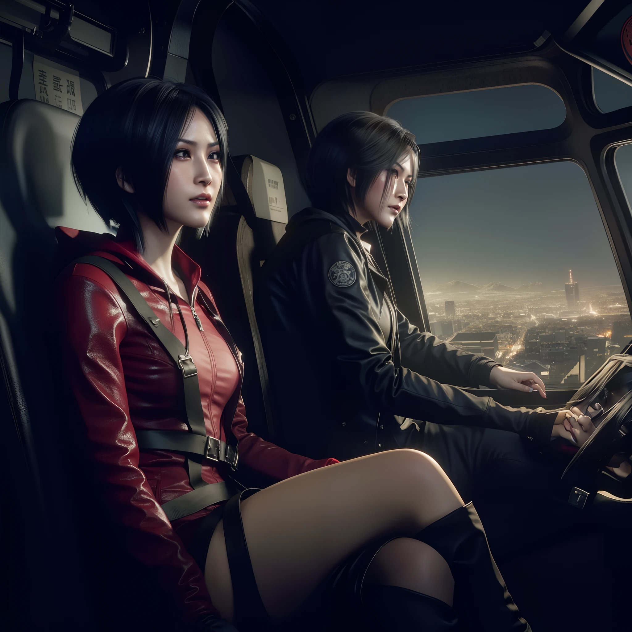 Ada wong, beautiful face, bob hair, perfect Face, wearing mini red dress hoody, wearing hoody, black nail polish, little smile, Embarrassed expression