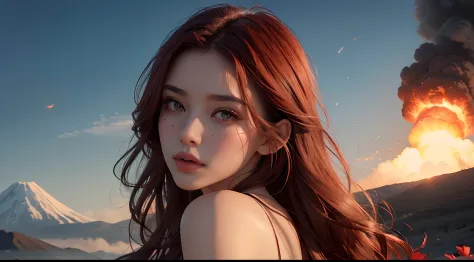 Sexy goddess，The facial features are extremely beautiful，body shape is slim，Red long-haired，Bigchest，long leges，Face the sky on your back，Lie in the flowers，artistic pose，Background with，a volcano erupts，War scenes，air raid，missile，Strange sky，Singular clo...
