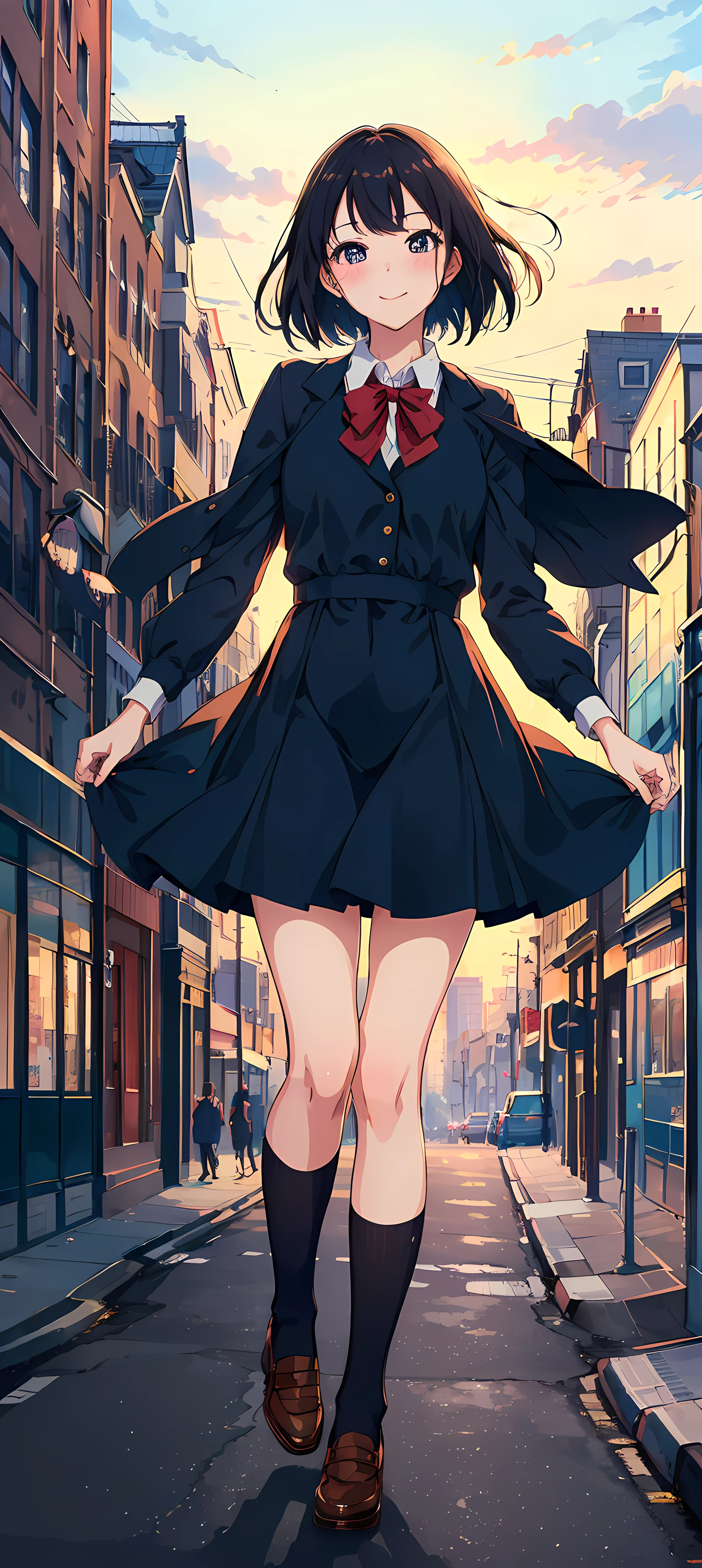 Anime girl in a short skirt walking down a street - SeaArt AI