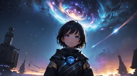 ​masterpiece、Background with((Fantastic starry sky、kosmos、Meteor swarm、black hole、Irridescent color))、Depth((Luminescent planets))、A little girl who can't see far away、Looking up
