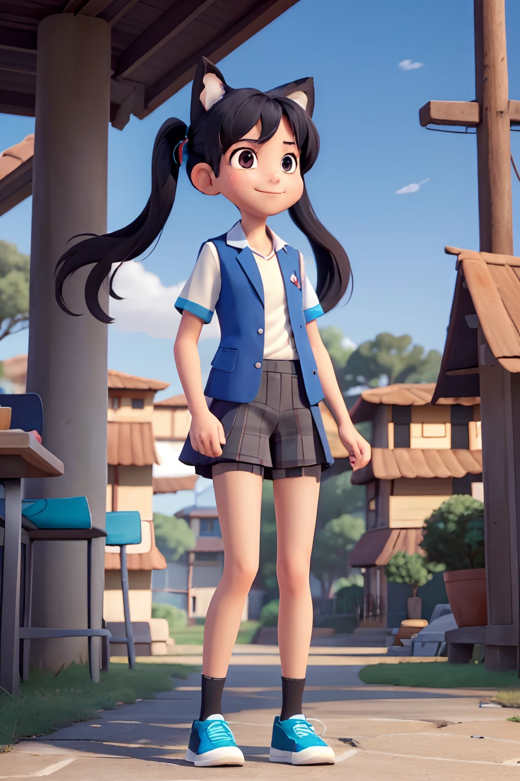 Masterpiece, solo, 1girl, full body, looking at viewer, smile, standing, baserika, twintails, long hair, red eyes, hair ribbon, collared shirt, blue necktie, blazer, armband, plaid skirt, single knee pad, bike shorts, shorts under skirt, sneakers, Disney Pixar style