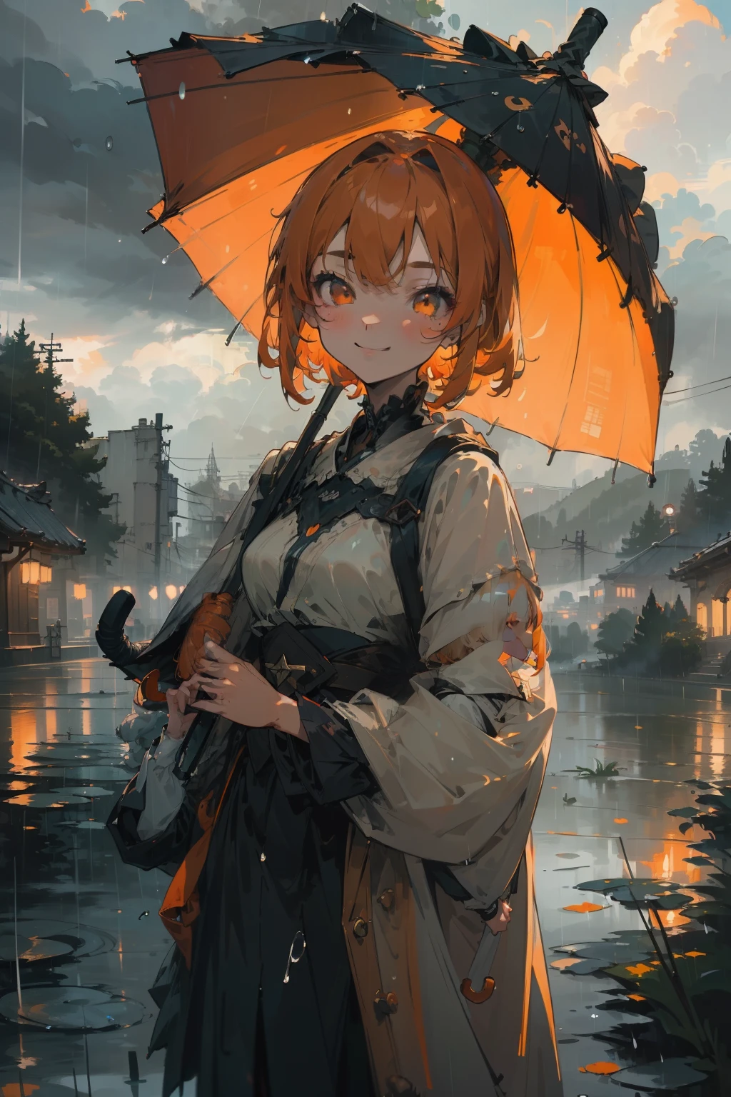 (Masterpiece:1.3, best quality:1.5, ultra-detailed:1.4,4k,HiRes), (impressionism:1.3),1girl, solo, orange hair, short hair, shoulder-length hair, straight hair, orange eyes, round eyes, street fashion, ((raining)), in the night, ((cloudy)), dark, seeing a viewer, holding an umbrella, ((((handing over an umbrella)))), ((((put one's hand forward)))), in the staris, in the rain, ((dark clouds)), ((detail face)), ((a cold smile)), (((looking straight ahead)))