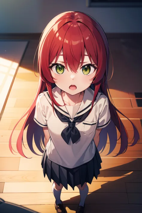 kitaikuyo, ikuyo kita, (green eyes:1.5), hair between eyes, long hair, one side up, red hair, (flat chest:1.2),
BREAK black foot...