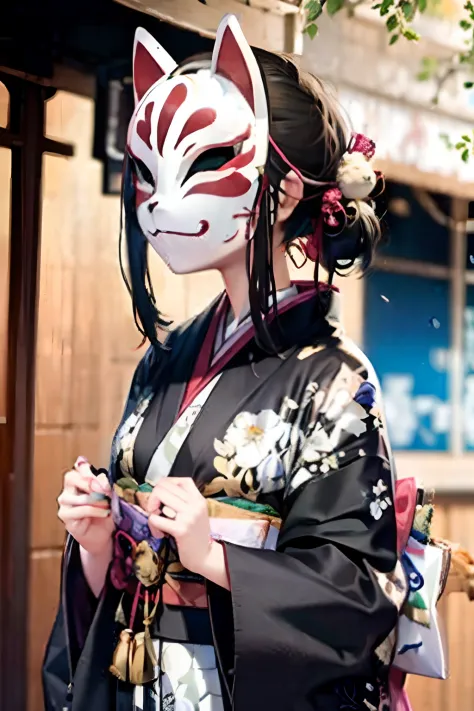 ((wearing Yaokai mask on face)), kitsune, 1girl, ((8k)), ((high resolution))