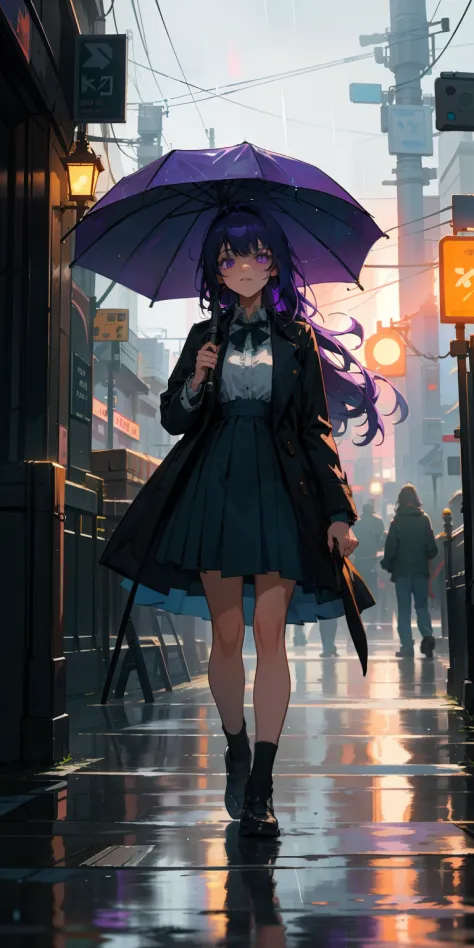 (masterpiece:1.4, best quality:1.5, ultra-detailed:1.5,4k,hires), (impressionism:1.4)1girl,solo,purple eyes,outdoor,rain,neon,cl...