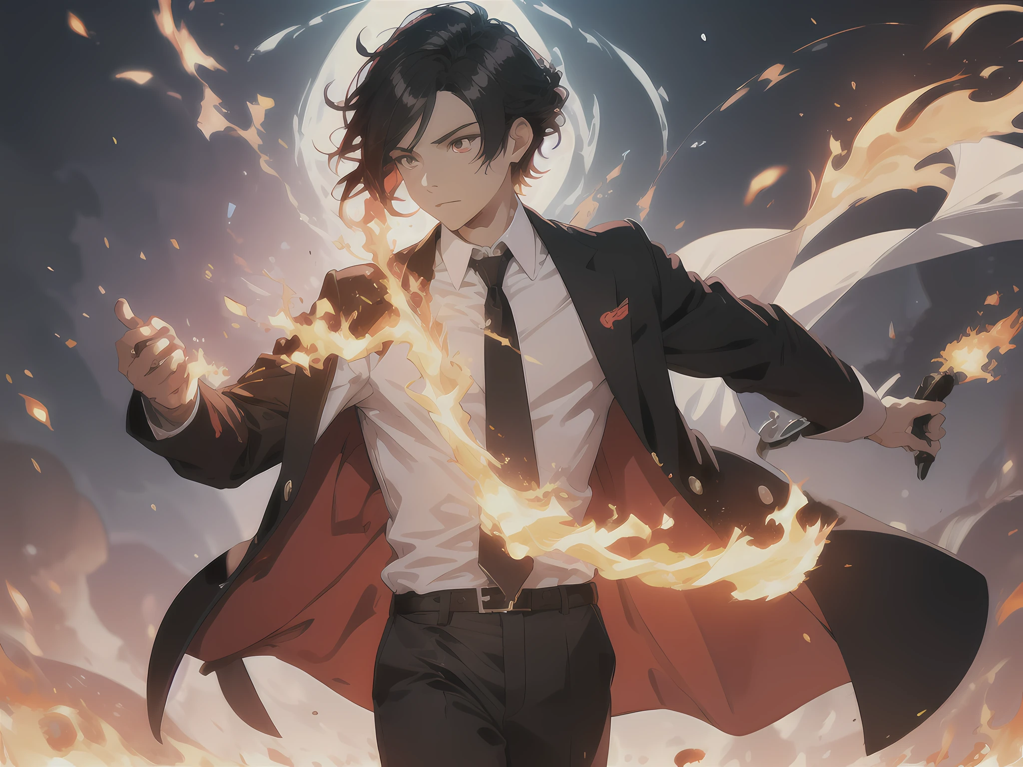 (ultra-detailed, perfect pixel, highres, best quality, beautiful eyes finely detailed), 19 years old anime boy, short raven hair, wavy hair, parted bangs, navy hair, gradient hair color, flowing crimson hair that dances like flames, there is many red fire swirling around his body (transparent:0.7), showing his over power aura (dangerous and terry aura), dangerous, he holding a magical sword, magus, red eyes, long white coat, white shirt, ((neckwear, long tie)), black trousers, aristocrat, noble attire, ethereal, elegant, prestigious, realistic fire, the background is full of magical particles and realistic blue fire. lens flare, glowing light, reflection light, motion blur, 8k, super detail, ccurate, best quality, Ray tracing.