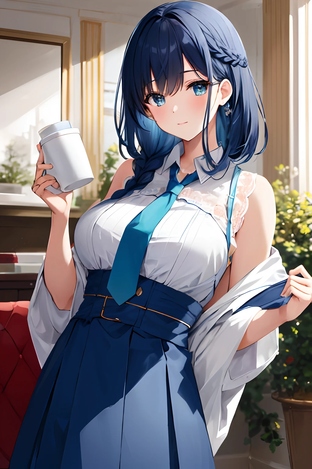 Anime girl with blue hair holding a cup of coffee - SeaArt AI