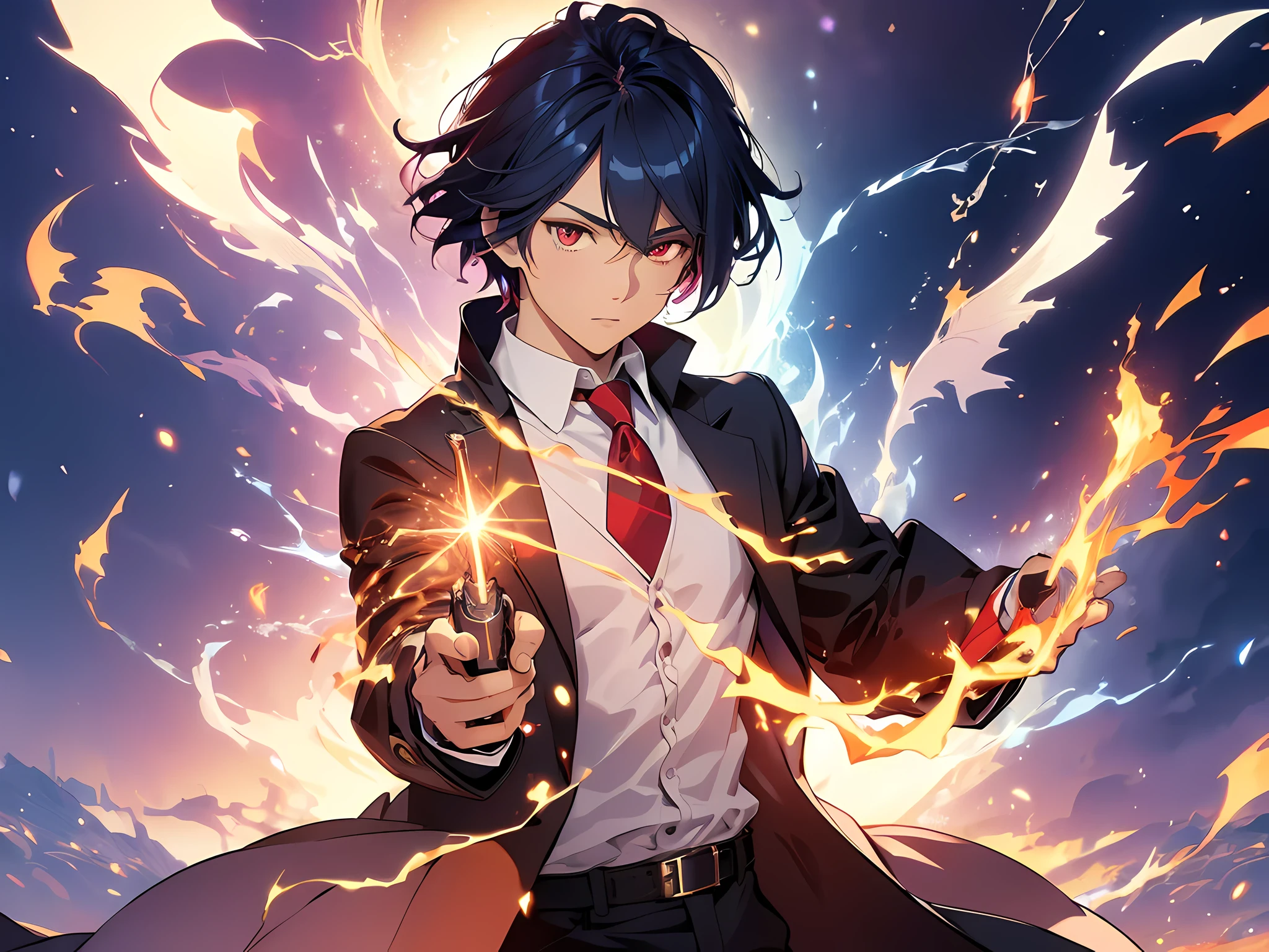 (ultra-detailed, perfect pixel, highres, best quality, beautiful eyes finely detailed), 19 years old anime boy, short raven hair, wavy hair, parted bangs, blue hair, gradient hair color, flowing crimson hair that dances like flames, there is many lightning swirling around his body (transparent:0.7), showing his over power aura (powerful aura like in manhwa), dangerous, he holding a magical gun, magus, red eyes, long white coat, white shirt, ((neckwear, long tie)), black trousers, aristocrat, noble attire, ethereal, elegant, prestigious, realistic fire, the background is full of magical particles and realistic blue fire. lens flare, glowing light, reflection light, motion blur, 8k, super detail, ccurate, best quality, Ray tracing.
