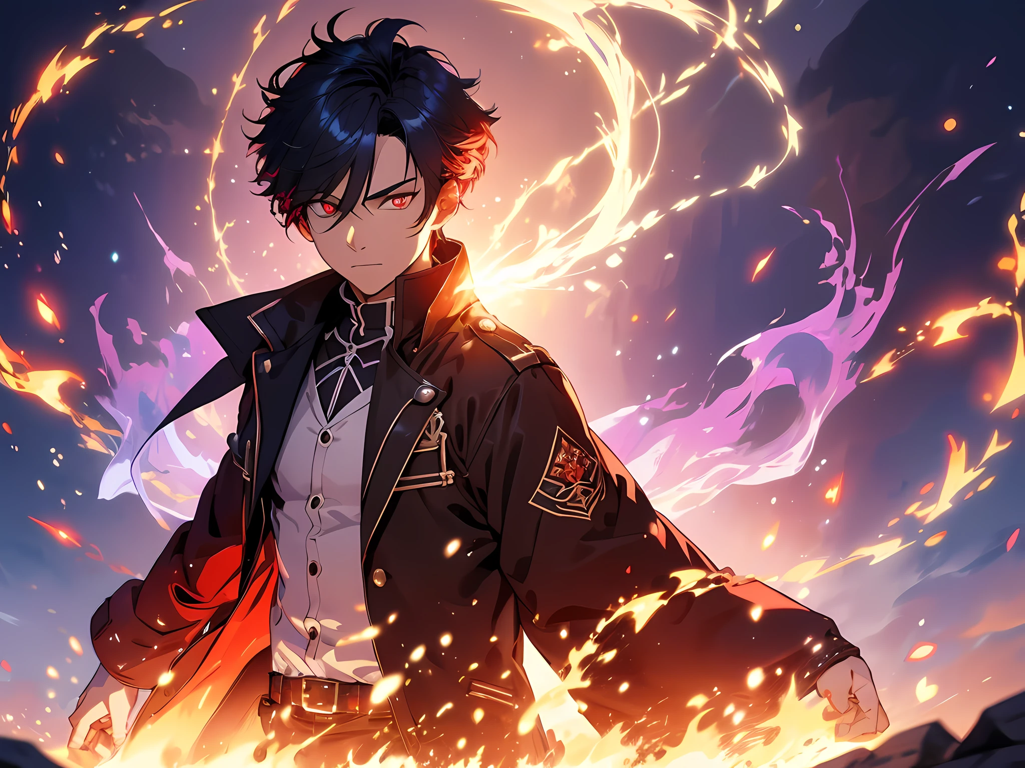 (ultra-detailed, perfect pixel, highres, best quality, beautiful eyes finely detailed), 19 years old boy, have power like demon god in manhwa, full of demonic aura, angry facial expression, red eye color (glowing red eyes), blue hair with aristocrat style outfit, elegant, detective, realistic fire, the background is full of magical particles and realistic blue fire. lens flare, glowing light, reflection light, motion blur, 8k, super detail, ccurate, best quality, Ray tracing.