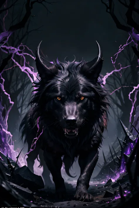 a black dire wolf, purple eyes, horns protruding from its head, each twisting like a gnarled branch as they came to a sharp point behind its ears, fur jutted out in hard spikes, gleaming like obsidian beneath the sharp-edged blades of purple flames that da...