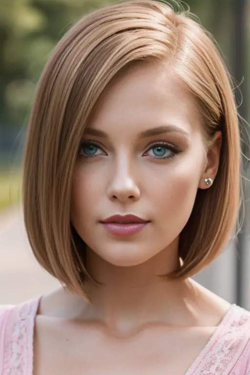 Petite 30 year old woman with light strawberryblonde hair in a straight undercut bob and striking blue eyes wearing eye liner, p...