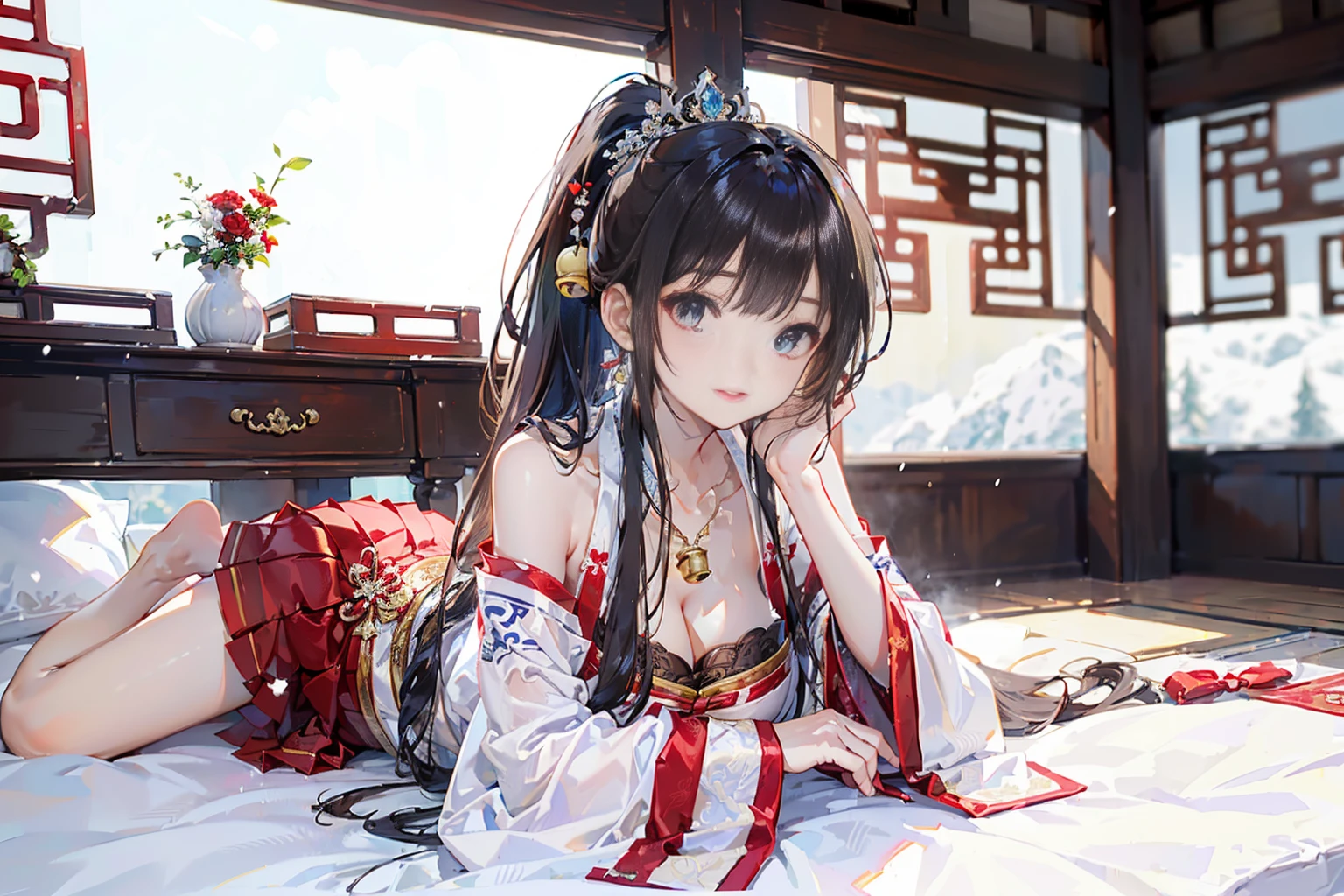 (1girll， Wallpapers，exposed bare shoulders：1.5，shadowing：1.4，moon in the night：1.7，janelas）（depth of fields， bokeh， Photorealism，huge tit：1.5，cleavage，clavicle：1.4，Crystal eyes）（15year old，ancient chinese princess：1.6，Detailed snow）（Be red in the face:1.5，busty figure，ssmile，Small red lips：1.4，eye shadows：1.2，White gorgeous long-sleeved tulle hanfu skirt：1.5，Wear a red bow：1.4，The barefoot，French bangs，Cute double ponytail hairstyle:1.4，Chinese Ancient Architecture，The wind blows the hair，Tie a bell around your neck，nakeness）（Lie down in bed，Body temptation，Fair legs，Pear，heavy snowy）