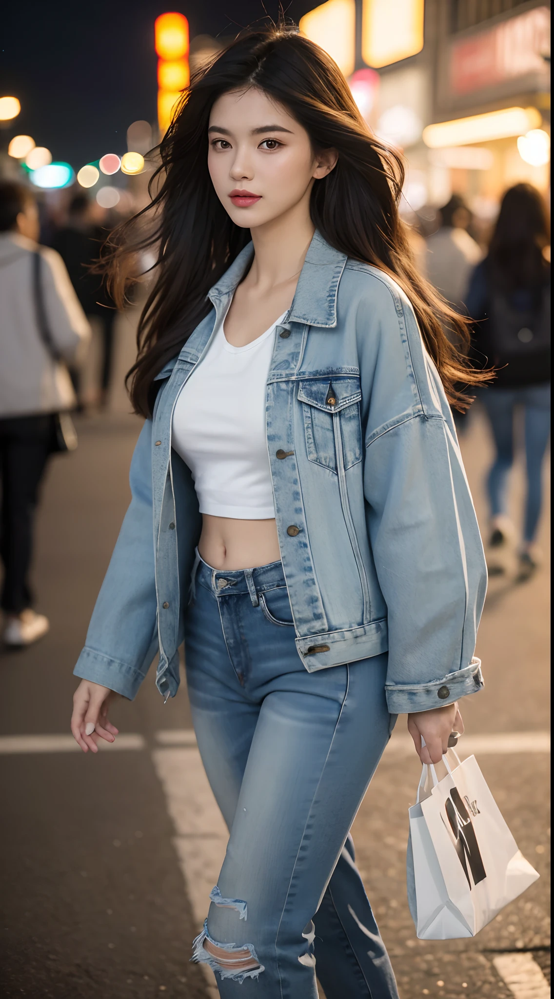 A woman in a white top and jeans walking down a street - SeaArt AI