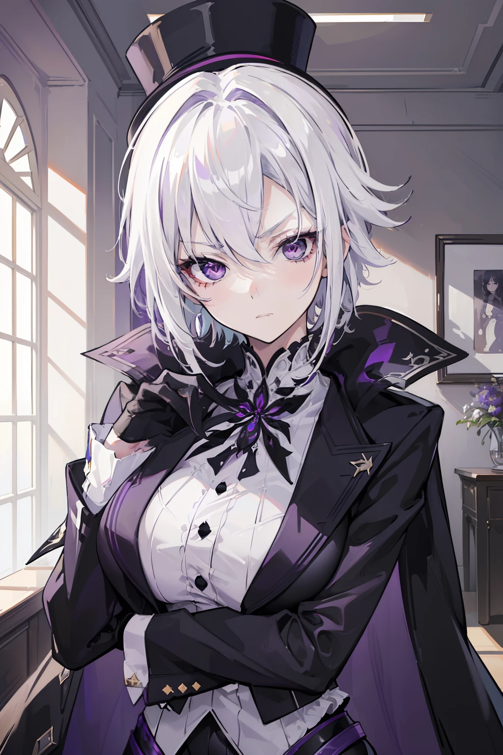 (masterpiece, best quality:1.2), illustration, 8k, hd, 1girl, solo, (((white hair, purple eyes,))) black coat, large breasts, black pants, short hair, indoors, arle suit, serious expression, tall, mature, elegant, black gloves, top hat, black headwear, upper body, from front, close up