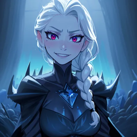 elsa, dark blue ice clothes, dark clothes, evil queen, dark lord, evil, detailed, blood splatters on face, elsa of arendelle, bl...