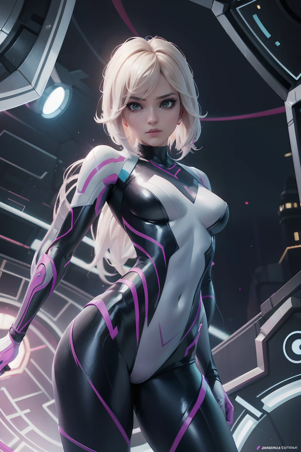 Create a visually captivating full-length portrait of Swivien, an astonishing fusion of iconic characters Samus Aran, Sombra, and Spider-Gwen. Bring her to life with a distinctive style that effortlessly combines the essence of each character's design, creating a dynamic and harmonious blend. Let the AI's imagination run wild, setting an electrifying atmosphere with a touch of surrealism. Highlight Swivien's intense and complex emotions, inviting viewers to delve into the depths of her world. Capture her showcasing her powerful presence, intricate costume, and mesmerizing color scheme. Surprise and delight with your artistic interpretation! sombra, spidergwen, samus