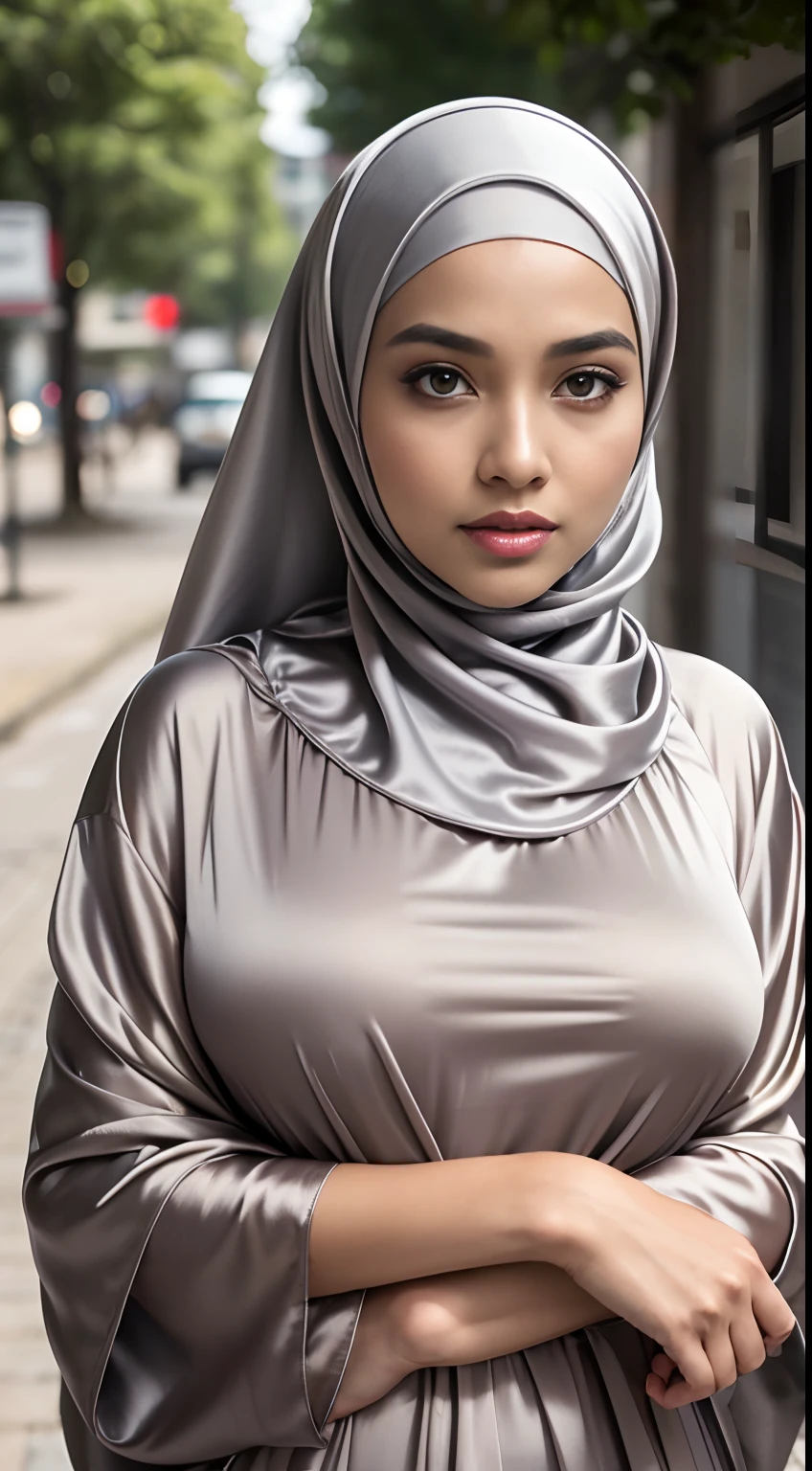 Best quality, high resolution, masterpiece: 1.3), a beautiful malay woman in hijab, wearing (Gray satin hijab), loosely tide hijab style, ((Taupe satin kaftan)) big breasts, slim figure, , beautifully presented details in the street and facial and skin texture, detailed eyes, double eyelids, big eyes