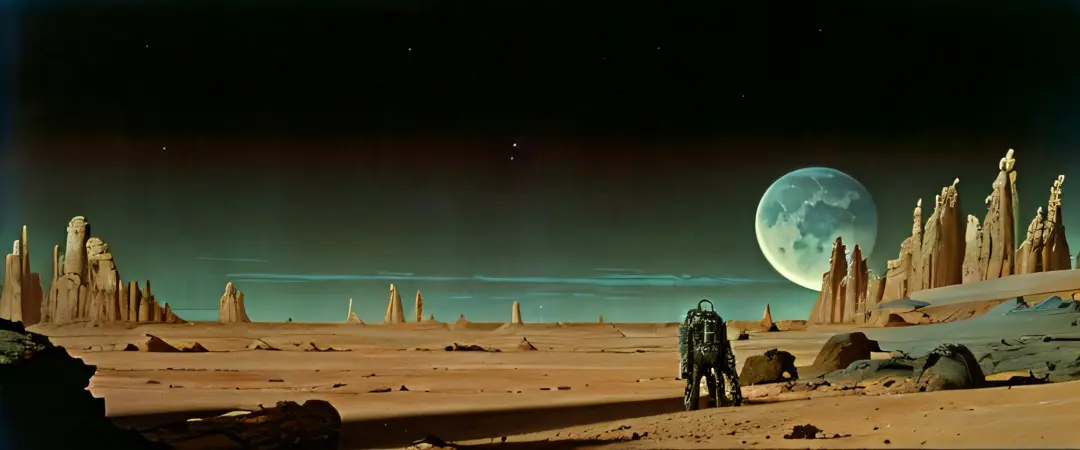 Un primer plano de un desierto con una luna en la distancia, Barsoom, Vereshchagin, Planeta Arrakis, an alien landscape, Filmed Sci-Fi Movie, an alien landscape view, Through an alien landscape, Bonestell, Jodorowky's Dune movie, alien landscape, scifi lan...