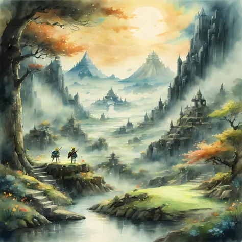 (zelda style scenery:1.5), (zelda theme:1.5), (ink and watercolor painting:1.5), (tasteful:1.5), (ink and watercolor painting:1....