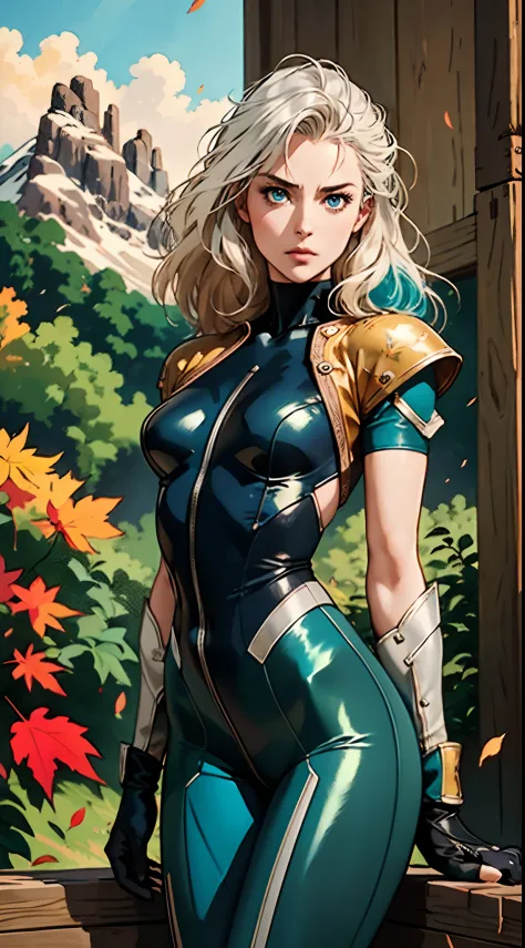 A middle-aged beautiful woman, long platinum-blond hair, neatly combed hair, a square face, a serious expression, sharp eyes, tall figure, a dark fantasy-realistic style bodysuit, short sleeve, a silver-white chestplate, gloves with metal accessories, thre...