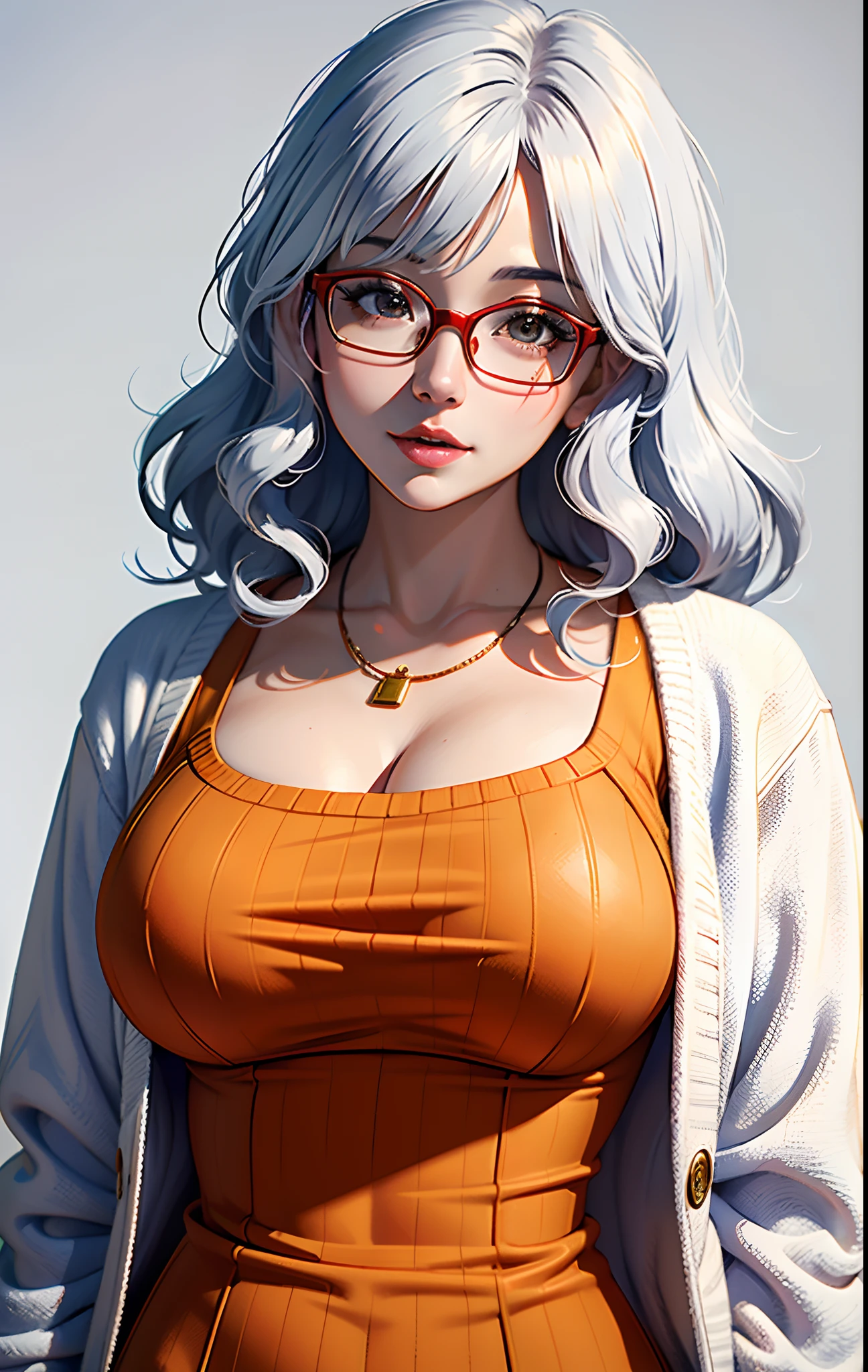 (Best quality, 8k, 32k, Masterpiece, UHD:1.2),Photo of Pretty Japanese woman, milf, large breasts, red round glasses,very frizzy white hair, white eyes, orange suit,upper body,(oversized_sweater,:1.1) necklace, simple background, looking at around