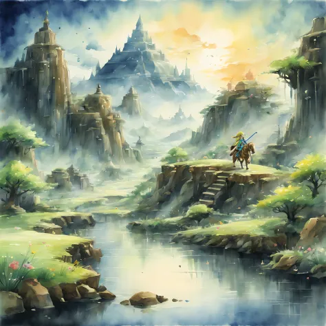 (zelda style scenery:1.5), (zelda theme:1.5), (ink and watercolor painting:1.5), (tasteful:1.5), (ink and watercolor painting:1....