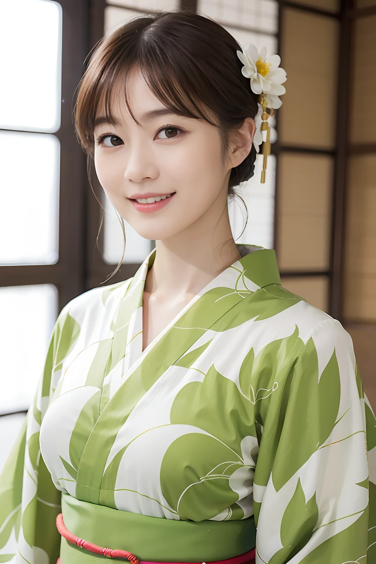 ((de primera calidad、​obra maestra、fotografía realista:1.4、en 8K))、hermosa hembra japonesa１a person、２5 años de edad、hermoso cabello corto、rostro delicado y hermoso、Ojos y caras con detalles. 、hermosa iluminación、risa tímida、piel texturizada、súper detalle、alto detalle、alta calidad、alta resolución、(Kimono:1.3)、flequillo、tetas colosales:1.2)、frente、Cintura delgada、Luz suave y natural　la mejor sonrisa