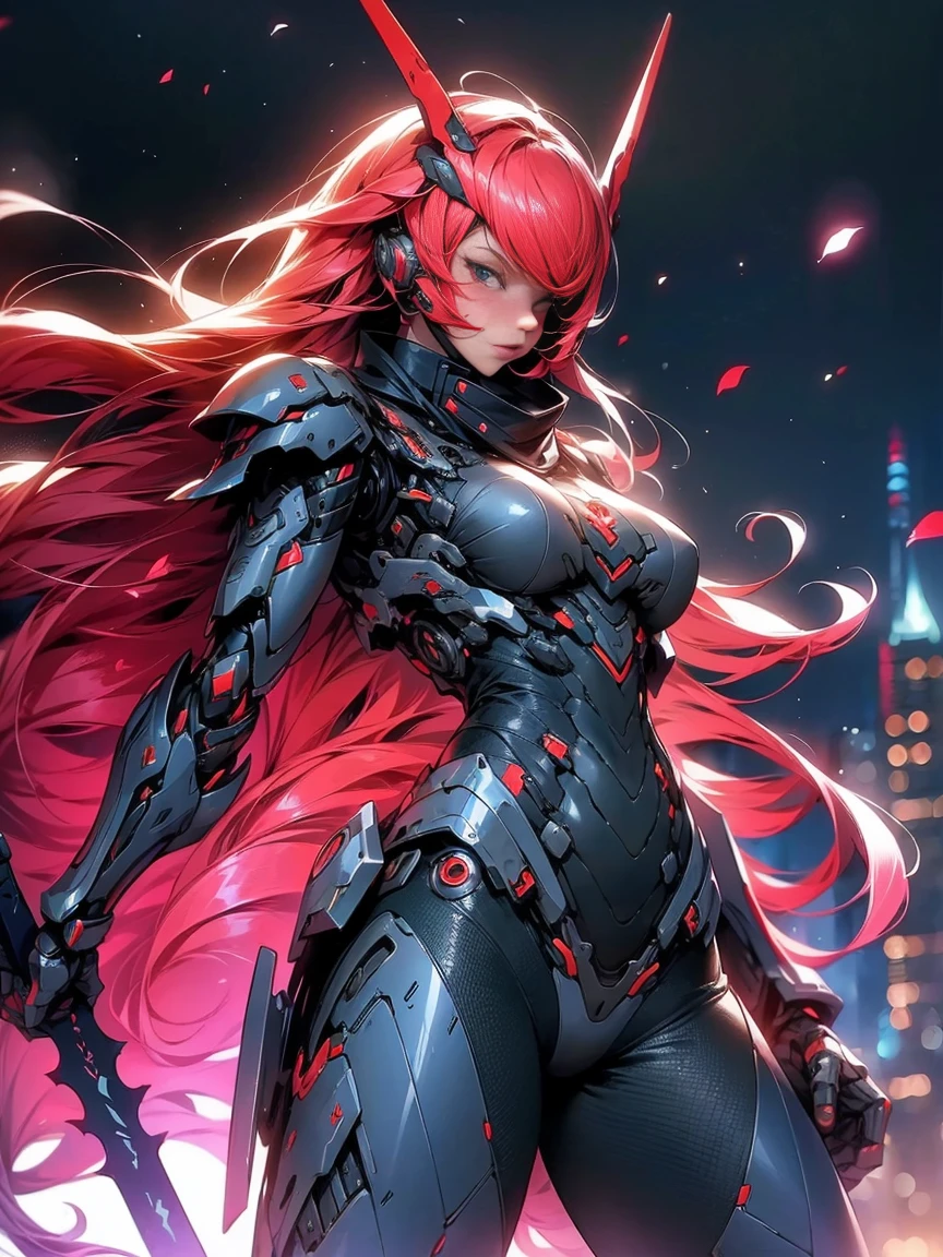 (masterpiece,best quality: 1.2),(ultra-detailed face),(no headgear),Her armor glows red as the neon city lights dance across its mechanical surface. Intricate cybernetics empower her movement with inhuman speed and strength. She strides silently through theLower Sectors, the alleyways bathed in the crimson radiance of her futuristic suit. In her grip is an energized longsword, its edges humming with plasma, ready to dispense justice. She is the guardian that watches over this city, though few know her name. Criminals whisper rumors of the Crimson Knight, a cybernetically enhanced warrior sworn to protect the innocent. They speak of her inhuman reflexes and her blazing sword that cuts through any defense. How she appears from the shadows, a blur of red bringing swift judgment. Tonight her sensors have detected injustice brewing once more in these lawless streets. As the city sleeps, she alone stands vigilant, a silent sentinel keeping watch. Her cybernetic systems begin to target threats as she prepares to fight for those who cannot defend themselves. The Crimson Knight is ready, and justice will be dealt swiftly tonight.