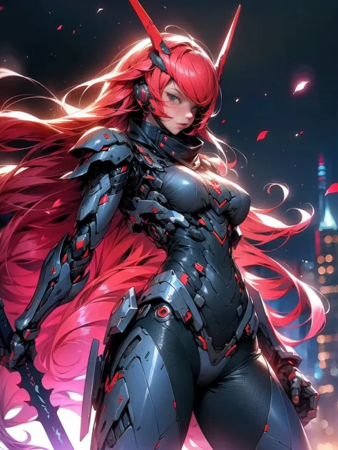 (masterpiece,best quality: 1.2),(ultra-detailed face),(no headgear),Her armor glows red as the neon city lights dance across its...