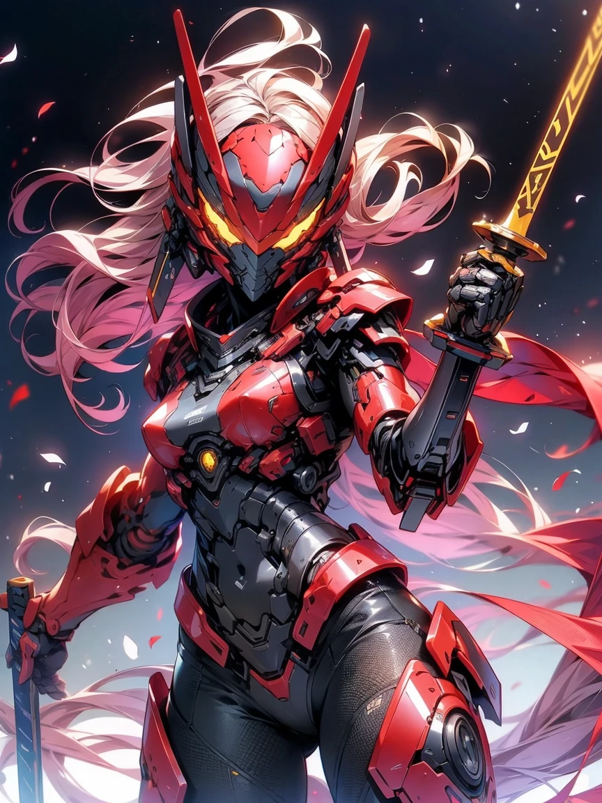 (masterpiece,best quality: 1.2),(ultra-detailed face),(no headgear),Her armor glows red as the neon city lights dance across its mechanical surface. Intricate cybernetics empower her movement with inhuman speed and strength. She strides silently through theLower Sectors, the alleyways bathed in the crimson radiance of her futuristic suit. In her grip is an energized longsword, its edges humming with plasma, ready to dispense justice. She is the guardian that watches over this city, though few know her name. Criminals whisper rumors of the Crimson Knight, a cybernetically enhanced warrior sworn to protect the innocent. They speak of her inhuman reflexes and her blazing sword that cuts through any defense. How she appears from the shadows, a blur of red bringing swift judgment. Tonight her sensors have detected injustice brewing once more in these lawless streets. As the city sleeps, she alone stands vigilant, a silent sentinel keeping watch. Her cybernetic systems begin to target threats as she prepares to fight for those who cannot defend themselves. The Crimson Knight is ready, and justice will be dealt swiftly tonight.