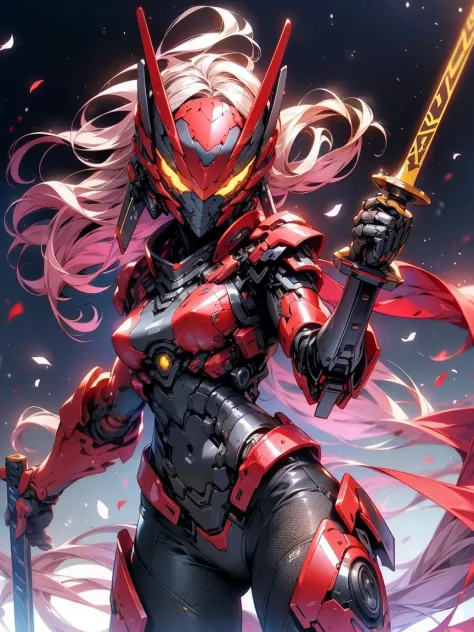 (masterpiece,best quality: 1.2),(ultra-detailed face),(no headgear),Her armor glows red as the neon city lights dance across its...