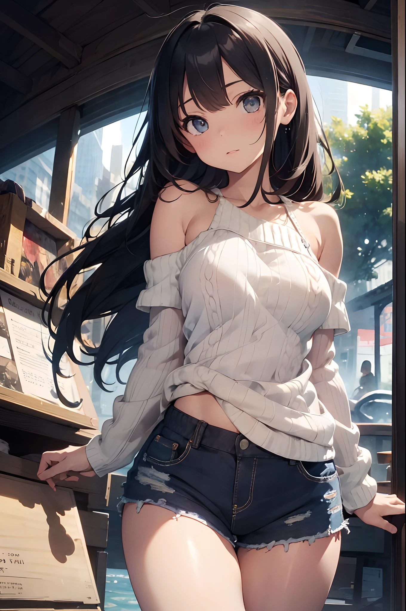 Anime girl with long black hair and blue eyes posing in a store - SeaArt AI