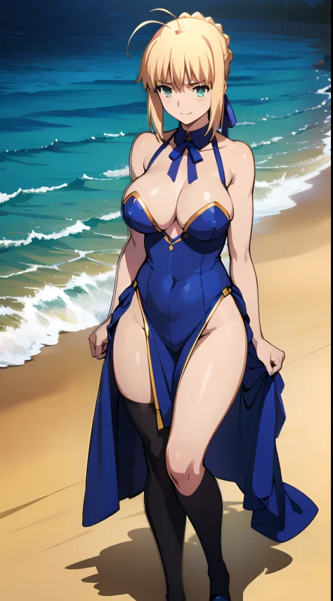 NSFW、（Best Quality, masutepiece, 超A high resolution,Photorealsitic、Official art,top-quality、Beautiful CG,）masturbation, Sunny Beach、artoria、Erotic body、Smile embarrassedly、Sleeveless、Colossal tits、neck tie、tights、