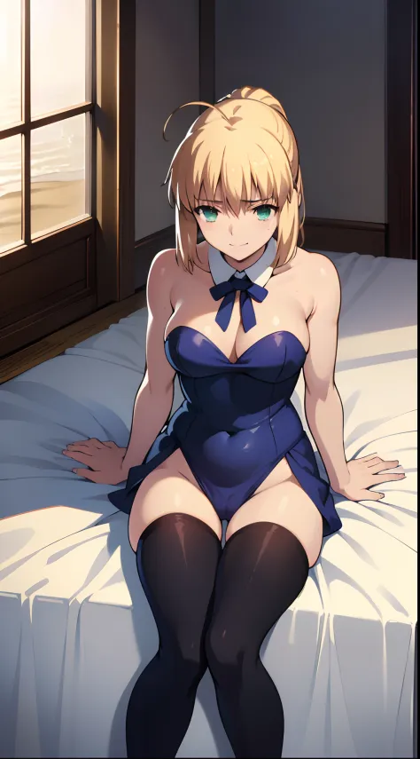 NSFW、（Best Quality, masutepiece, 超A high resolution,Photorealsitic、Official art,top-quality、Beautiful CG,）masturbation, Sunny Beach、artoria、Erotic body、Smile embarrassedly、Sleeveless、Colossal tits、neck tie、tights、