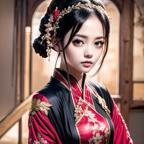 13 year old girl，exquisite facial features，Red clothes，Chinese woman