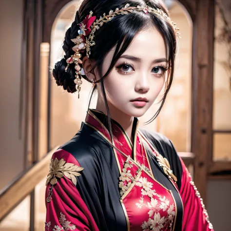 13 year old girl，exquisite facial features，red clothes，chinese woman