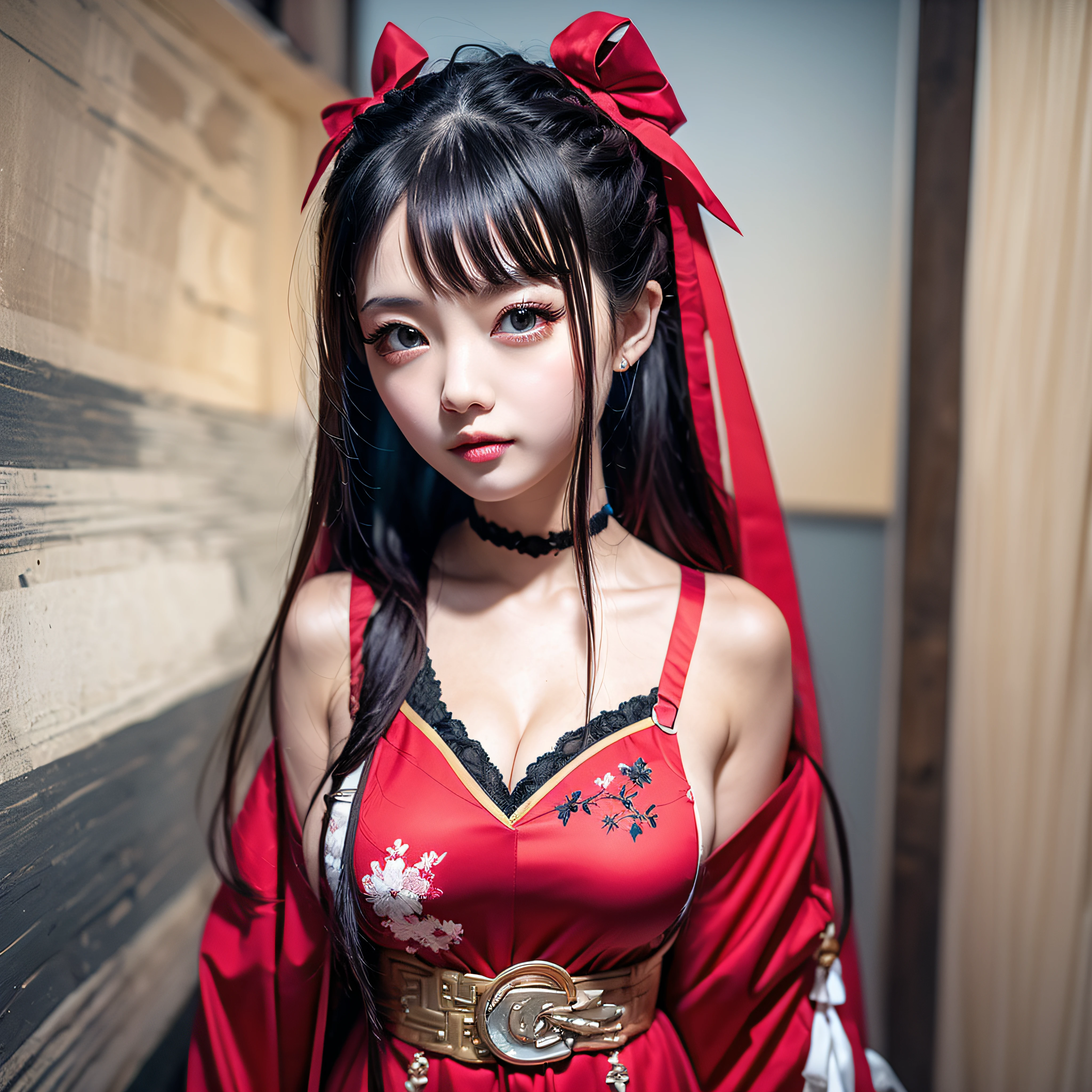 13 year old girl，Exquisite facial features，Red clothes，Chinese woman，cleavage, V-neck,8K resolution，Real light