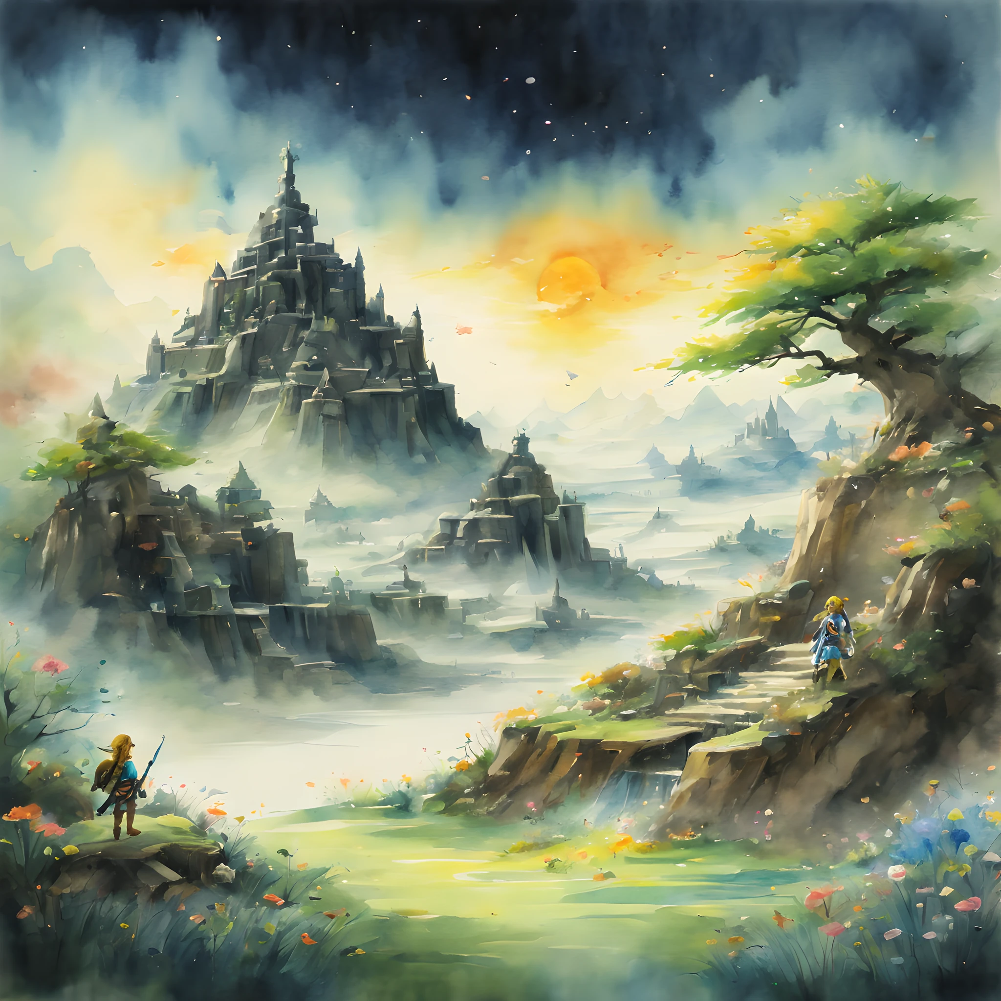 (Paisaje estilo Zelda:1.5), (Tema de Zelda:1.5), (pintura con tinta y acuarela:1.5), (de buen gusto:1.5), (pintura con tinta y acuarela:1.5), (a todo color:1.5), 8K, 4k, (paisajes:1.5),