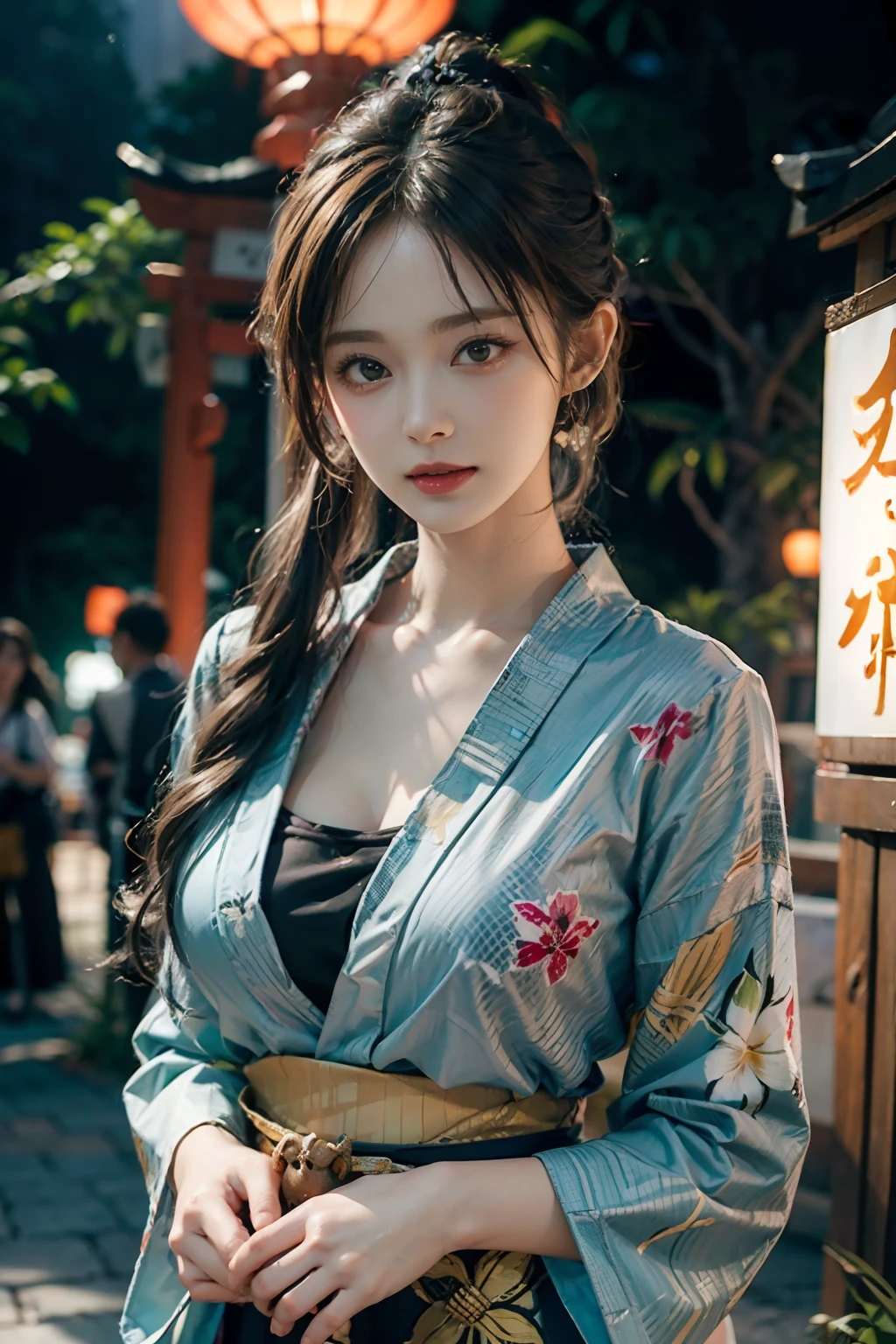 电影灯光，(((tmasterpiece))), ((best qualtiy)), ((intricate and detailed)), ((Ultra-realistic realism)), 4K,1beautiful woman, 25-years old, poneyTail,Ultra-fine yukata,美丽的面容,Beautiful brown eyes,face perfect,A slender,large full breasts,having a good time, Large fishbowl , Swirling flocks of goldfish, Floating goldfish, Graphic illustration, see fishes swimming,A lot of goldfish, amazing depth, Cutest, Lots of fish balls,Goldfish scooping at a summer festival, (The background is the summer festival of the shrine:1.4), Silver hair, split ponytail, star-shaped pupils, conceptual art, Art Nouveau, Glowing light, nffsw, Textured skin, masutepiece, Anatomically correct, Best Quality, 8K