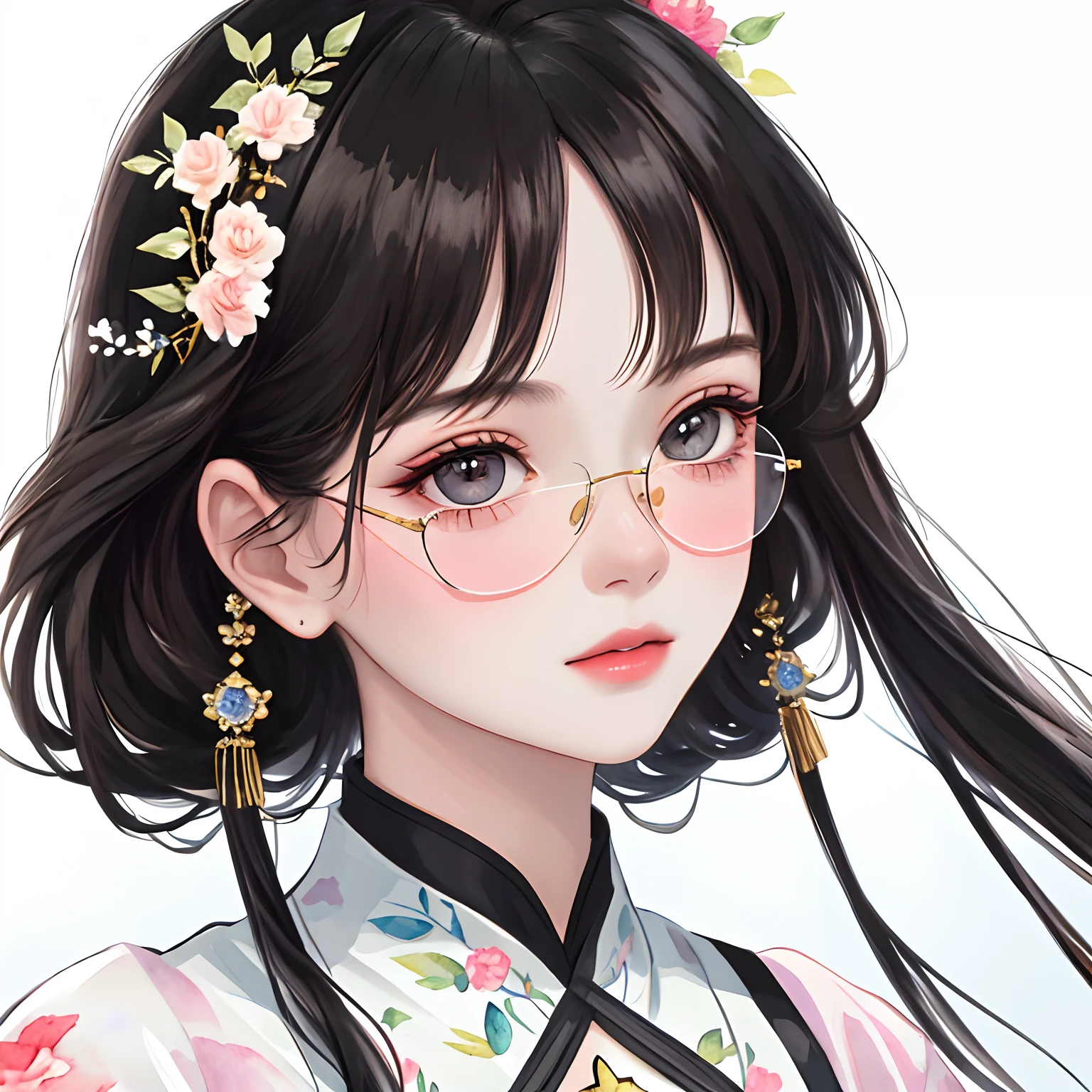 Need,[(white background:1.4)::5],(Masterpiece),(Best Quality:1.1),(Ultra-detailed),Best Illustration,delicate detail,(portrait of a:1.1),( Intense close-ups),beautifull face,(Watercolor painting),1Girl,Solo,Girl with black hair,Taihai,Sweet and wonderful,Cheongsam Clothing,Black and pink,（Colored lens sunglasses），bamboo,Looking at the audience,Full-color background,Very elegant.,splendid, Detail,Clear,4k