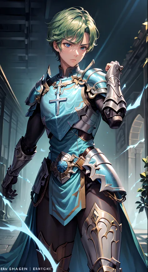 best quality, masterpiece, 1boy, 1man, human, paladin warrior, ([light blue color|deep green color:0.85] short hair), red eyes, (detailed face, detailed eyes), looking to camera, full body, upper body, light armor, illustration, temple background, vibrant ...
