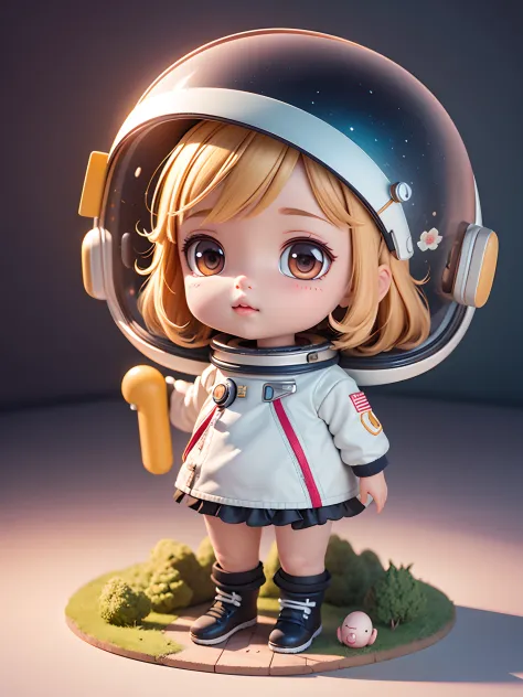 There is a little doll with helmet and helmet, Cute 3d rendering, The little girl astronaut looked up, Portrait anime space cade...