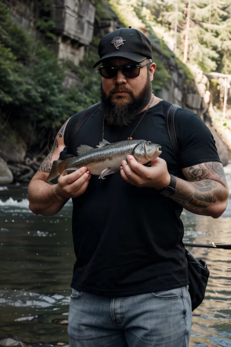 Holding a fish in his right hand, black hat, cap, sunglasses, black beard, slightly overweight, 40s, small necklace, black short sleeves, tattoo on his right hand, holding a fish in his right hand, salmon, good mark with his left hand , carrying a backpack...